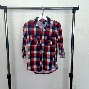 Cream, red, and blue flannel